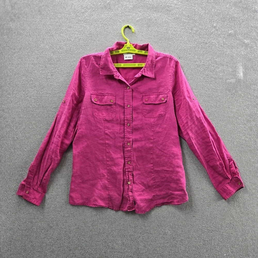 Calvin‎ Klein Women Button Up Shirt L Pink Linen Collared Front